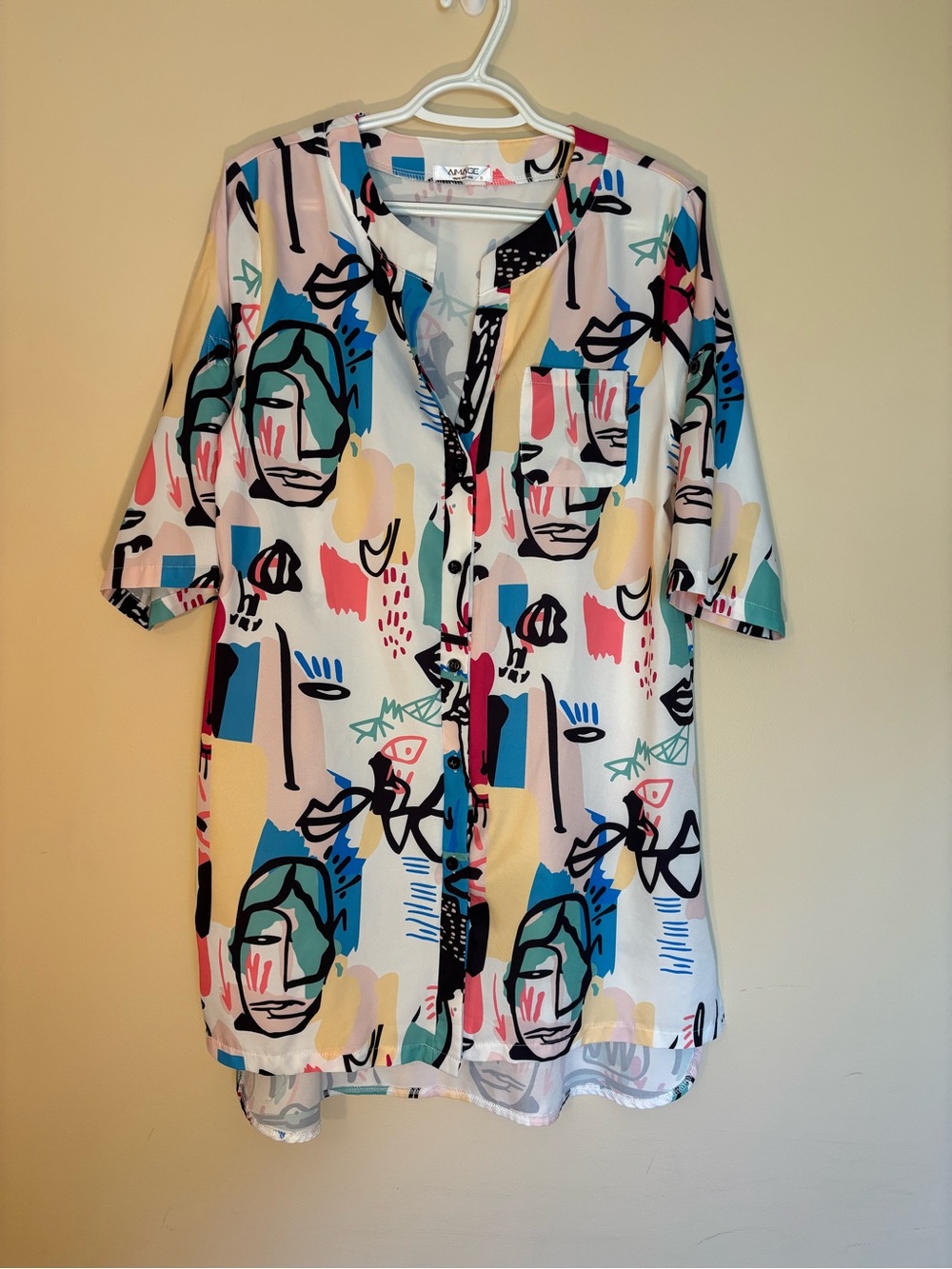 Abstract Face Print High-Low Button-Front Dress - White/Multi